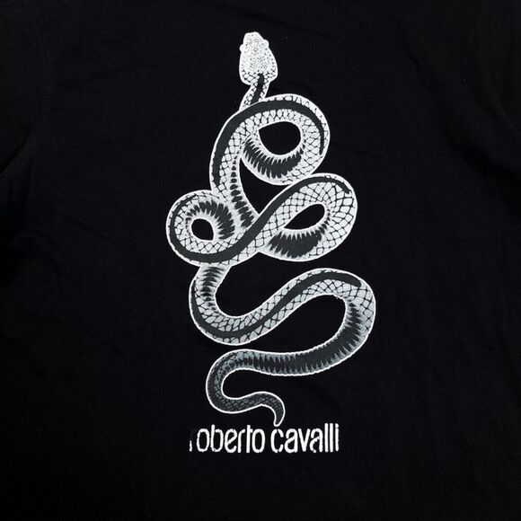 ROBERTO CAVALLI 90s Snake Print Logo Short Sleeve Crew TShirt Black Medium Y2k - Picture 5 of 9